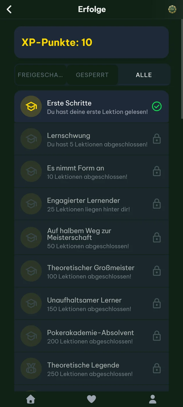 Erfolge und Lernfortschritt in PokerWise
