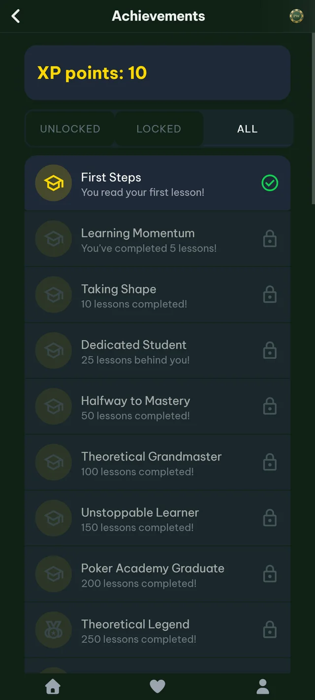PokerWise achievements and learning progress