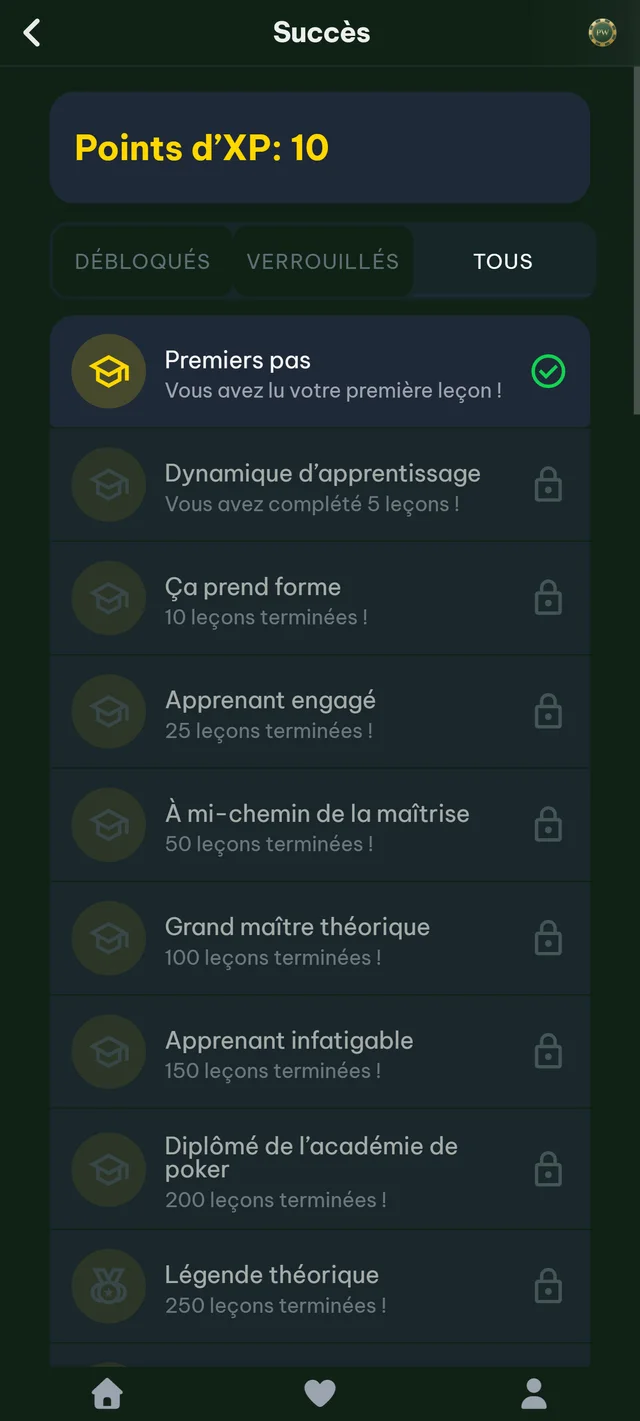 Réussites et progression dans PokerWise