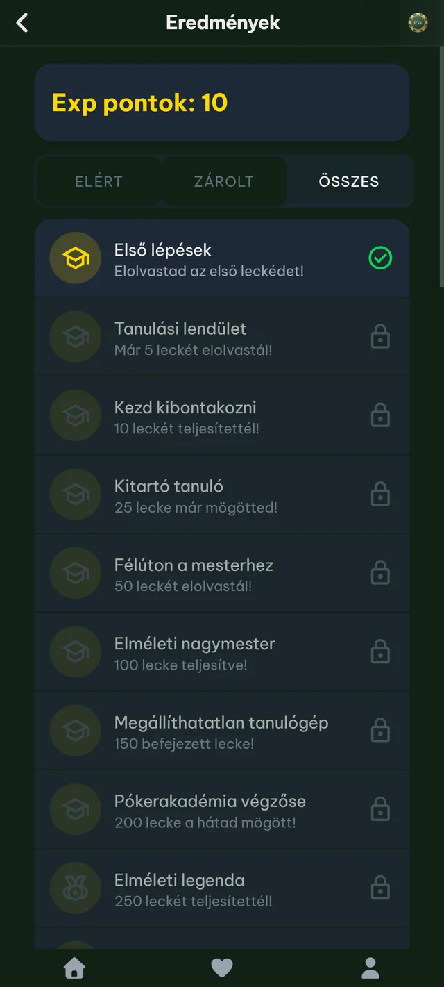 Eredmények és tanulási előrehaladás a PokerWise-ban