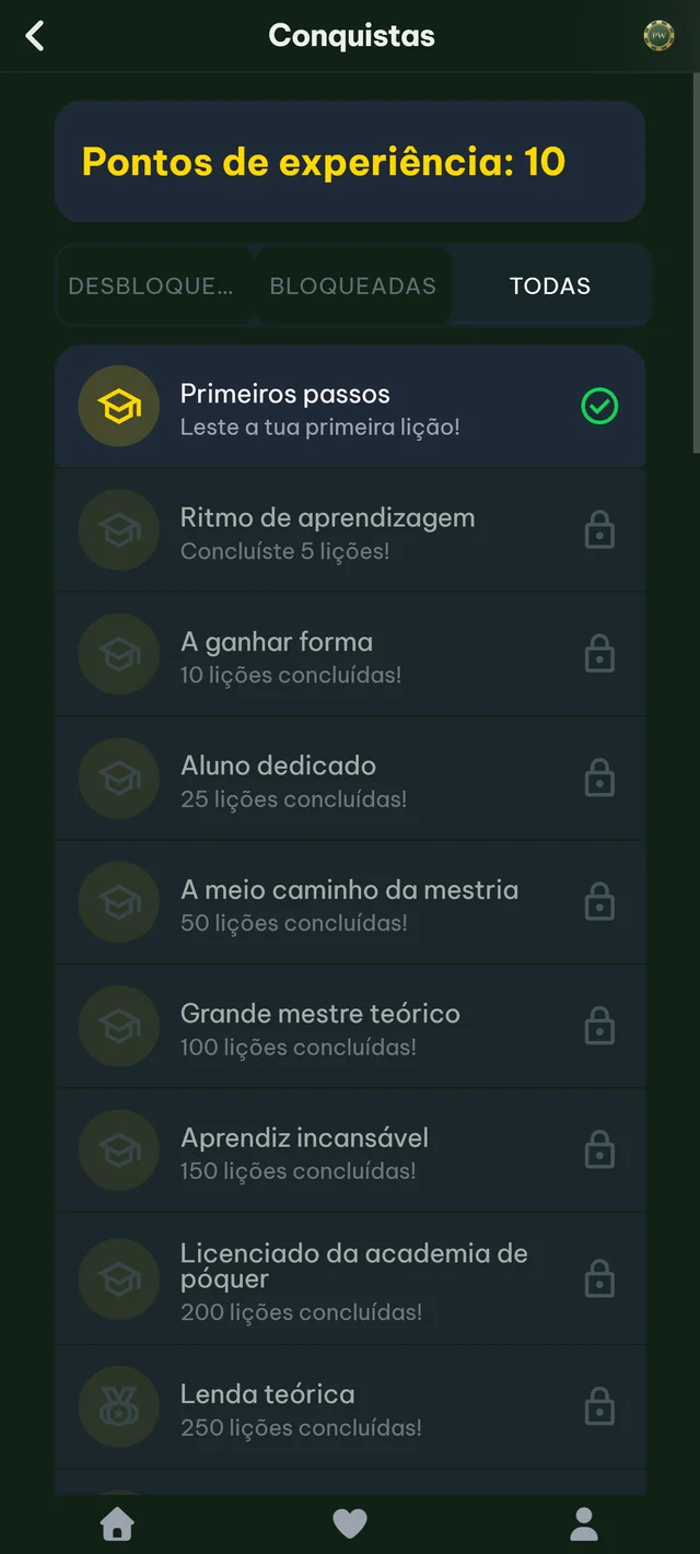 Conquistas e progresso em PokerWise