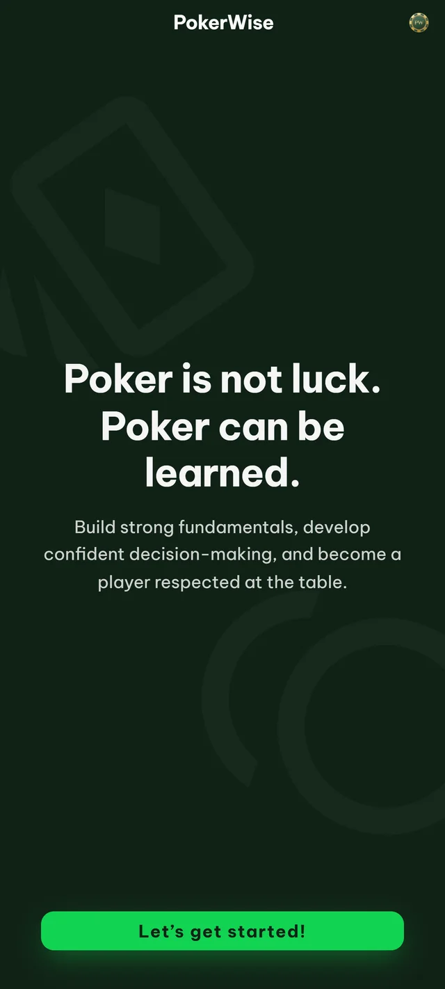 The PokerWise welcome screen