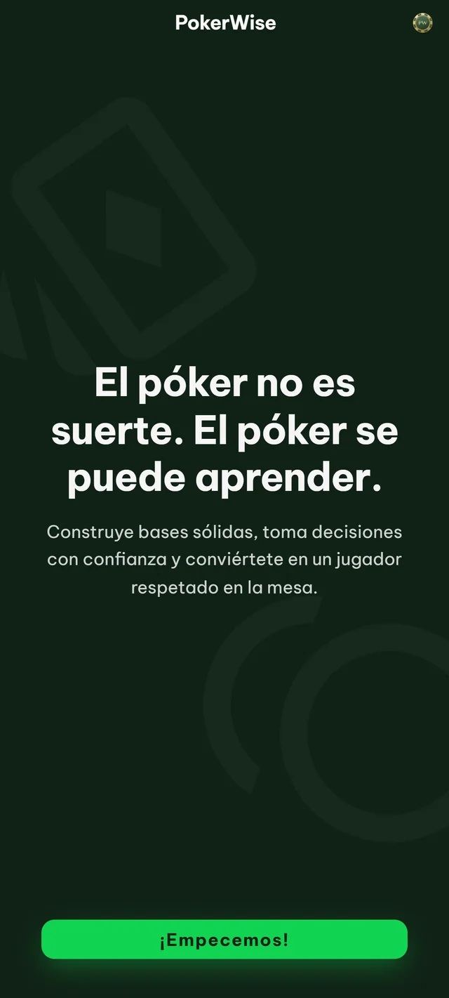 Pantalla de bienvenida de PokerWise