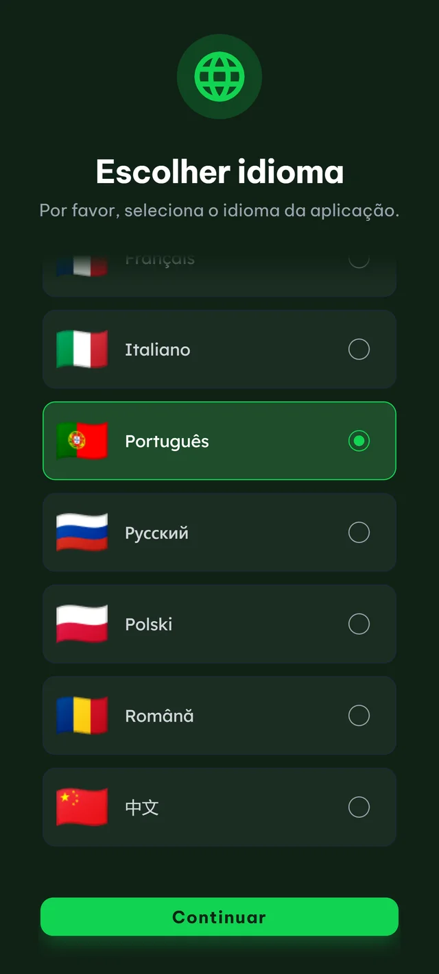 Escolher o idioma de aprendizagem no PokerWise